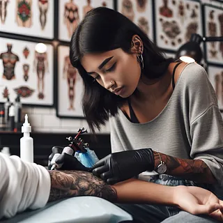 Realistic stock image of tattoo artist at work